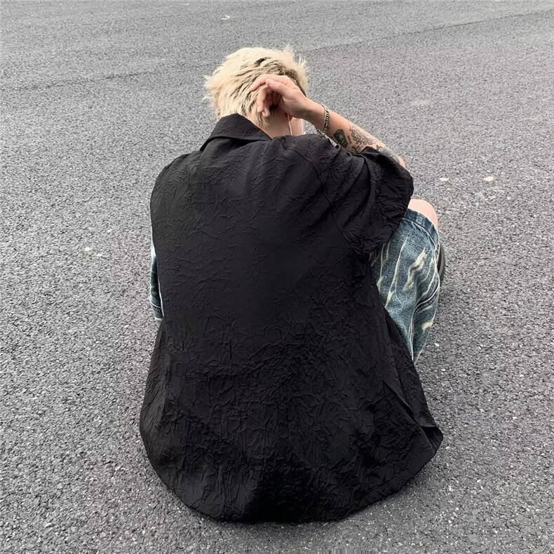 小众褶皱纹理解构拉链衬衫男休闲夏季薄款短袖上衣衬衣45455-p35,男装衬衫,星座1008