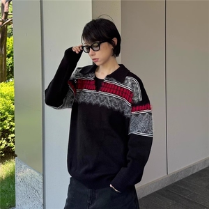 套头毛衣男女秋冬季韩版潮流撞色提花毛线衣休闲翻领针织衫外套图片