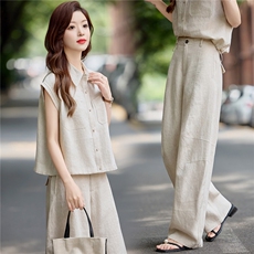 2026夏季新款天丝亚麻无袖衬衫两件套休闲透气贵气时尚直筒裤套装，女装衬衫，梦懿尔