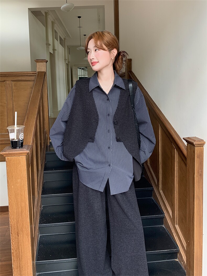 2025秋冬新款条纹衬衣+马甲阔腿裤三件套装2553款P195-K278,女装套装/套裙,浙宝301