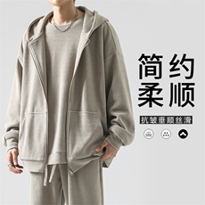 重磅条绒秋冬纯色开衫外套加圆领卫衣休闲宽松连帽-KW800特批125，男装休闲套装，星座718