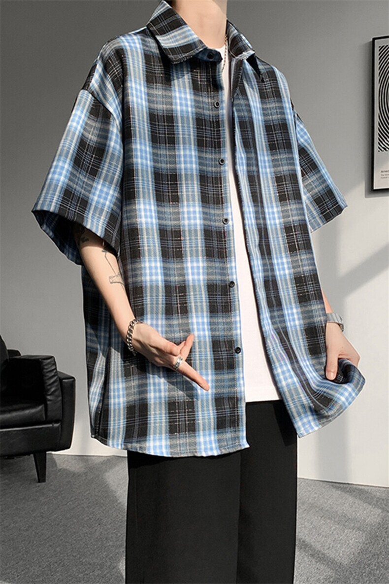 8XL-M格子短袖衬衫男夏季薄款DK制服衬衣JK学院风半袖外套DC28004,男装T恤,电商B312