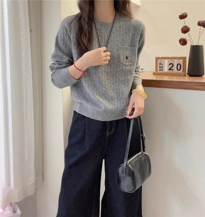 简约百搭时尚纯毛刺绣扭花针织衫百搭,针织衫/毛衣,梵泰羊绒