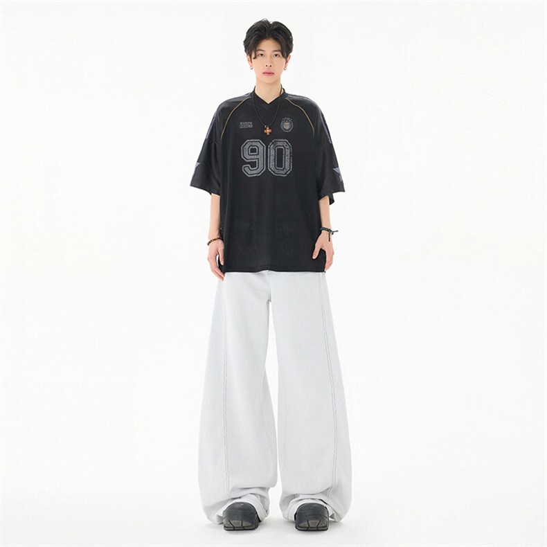 设计感明线水洗春夏美式弯刀牛仔裤男女长裤宽松裤子YD9006A-P70图片