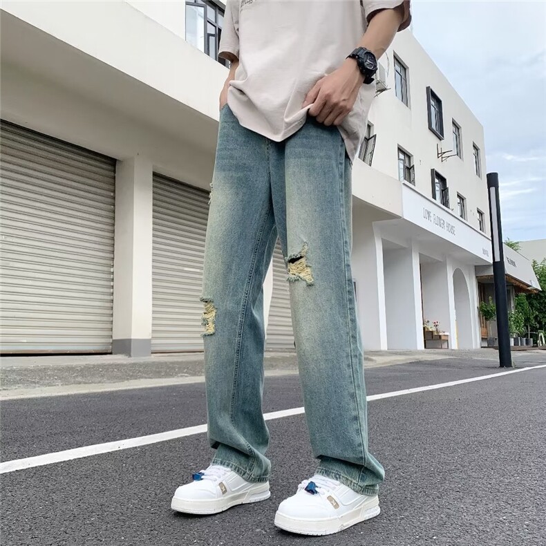 高街复古水洗做旧街头破洞牛仔裤男潮牌直筒宽松百搭XK8054-P48,男装牛仔裤,星座1109-3