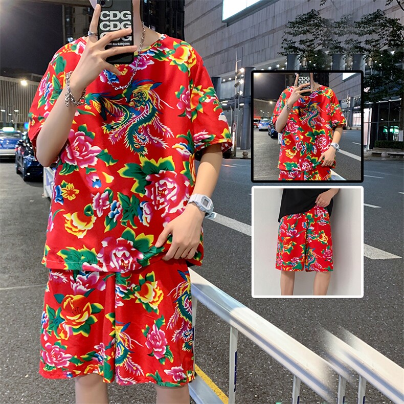 TZ203夏新款男士T恤短裤套装东北大花大码红色蓝色青年运动套装,男装休闲套装,星座115A(原星座507）