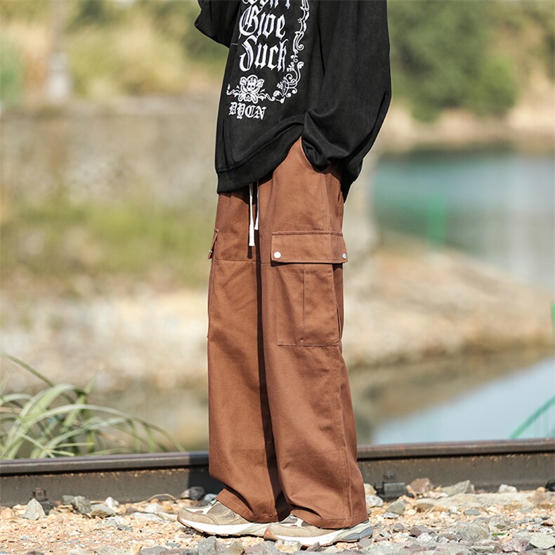 秋季宽松直筒休闲抽绳阔腿长裤高街机能多口袋工装裤男K7385-P38,男装休闲裤,星座512-3