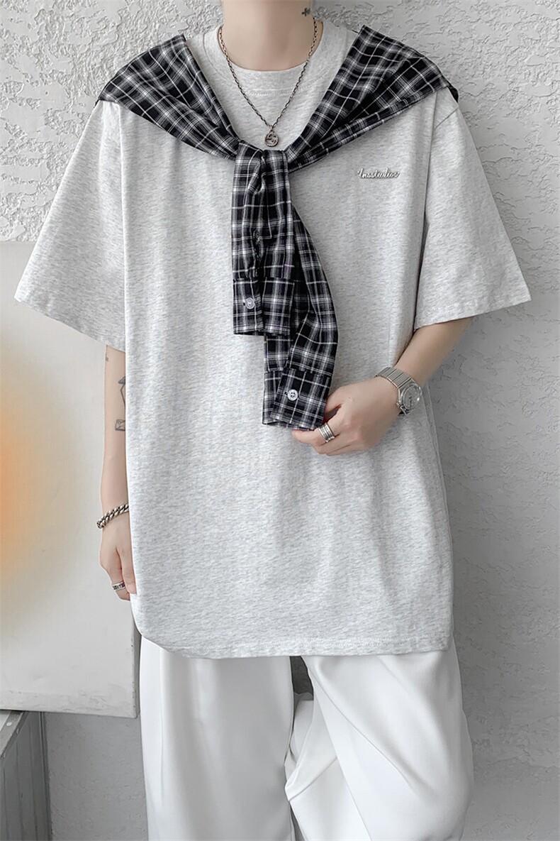 8XL-M潮情侣美式拼接打结格子假两件短袖宽松纯棉T恤男DX338,男装T恤,电商D206-1