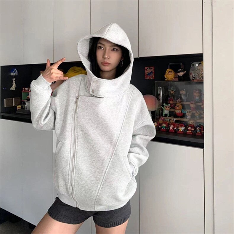 抖音得物品质26春装美式重磅结构斜拉链高领连帽卫衣开衫外套W61,女装短外套,电商A486