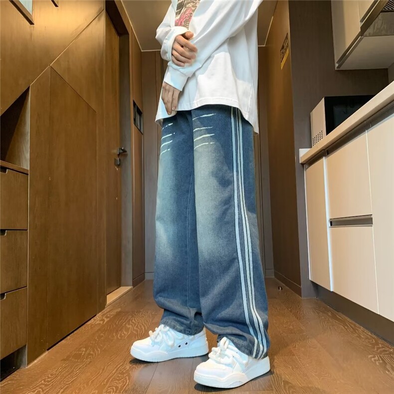 条纹牛仔裤男春季美式高街vibe阔腿长裤潮牌复古水洗直筒休闲裤子图片