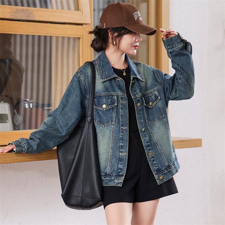 复古牛仔外套女工装风夹克2024秋新港风款宽松显瘦百搭短款上衣潮，女装牛仔外套，美拉德工厂直营店