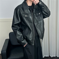 现货短款机车皮衣外套男宽松休闲痞帅皮夹克A351-AP2468-P105，男装夹克，电商A351