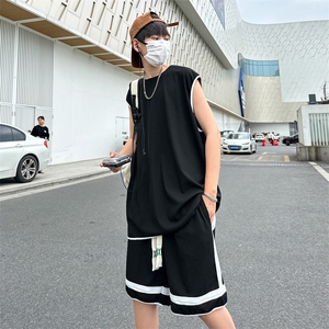 夏季现货主推青少年大码港风冰丝背心五分裤日系套装S12P50图片