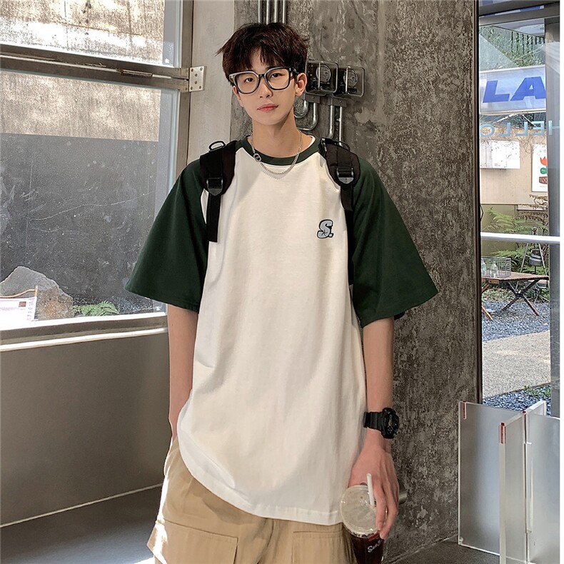 港风插肩袖设计T恤男大码S立体贴标短袖T恤男DT8767P28控49,男装T恤,星座226-1