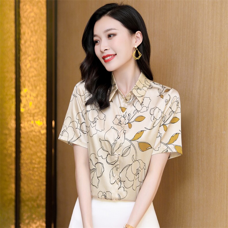 大牌真丝衬衫女短袖印花杭州桑蚕丝上衣衬衣气质小衫半袖2025夏装,女装衬衫,阿舍尔精品