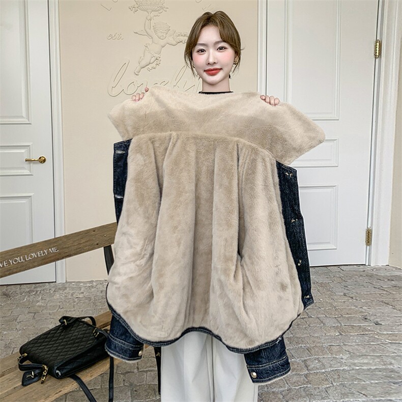 现货：2025年冬装新款牛仔拼仿貂毛外套2C135-6858P185K258,女装派克服,2C135