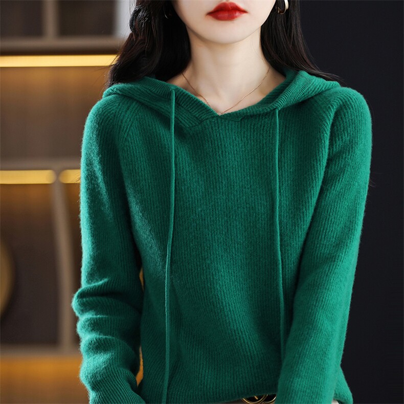 秋冬新款100%羊毛衫女连帽毛衣纯色韩版宽松卫衣羊绒衫针织打底衫,女装羊毛衫,雅邦羊绒