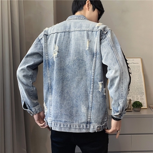 JK302-P90-现货店主风牛仔夹克肥仔量足破洞印花大码图片
