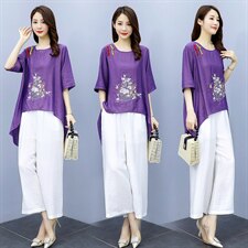 2021夏季新款简约气质圆领复古盘扣装饰时尚图案刺绣棉麻两件套，女装套装/套裙，韩宇舍