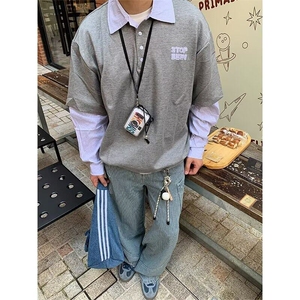 W9499-P45 网图现货 新款假两件拼接格子衬衫休闲POLO衫百搭T恤图片