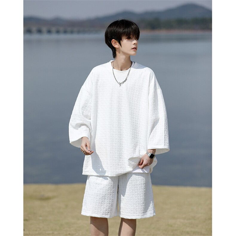 8XL-M高级感纹理短袖套装男夏季慵懒风T恤短裤两件套TZ108P78,男装T恤,电商D206-1
