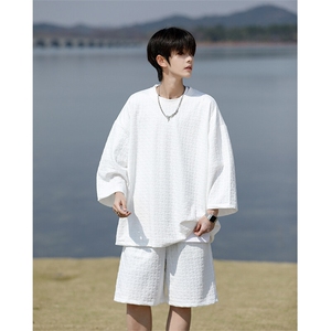 8XL-M 高级感纹理短袖套装男夏季慵懒风T恤短裤两件套TZ108P78图片