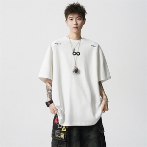 wassup happy字母刺绣短袖t恤男夏季潮流美式复古情侣休闲五分袖图片