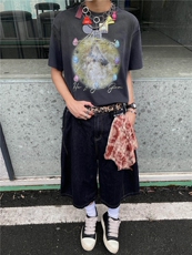 现货-N150-P58黑色牛仔七分裤休闲短裤中裤可拆卸方巾，男装牛仔裤，电商B327
