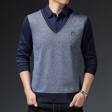 假两件长袖t恤男春秋季新款打底衫上衣中年男士商务休闲翻领卫衣，男装卫衣，电商B212（原钱塘6029）