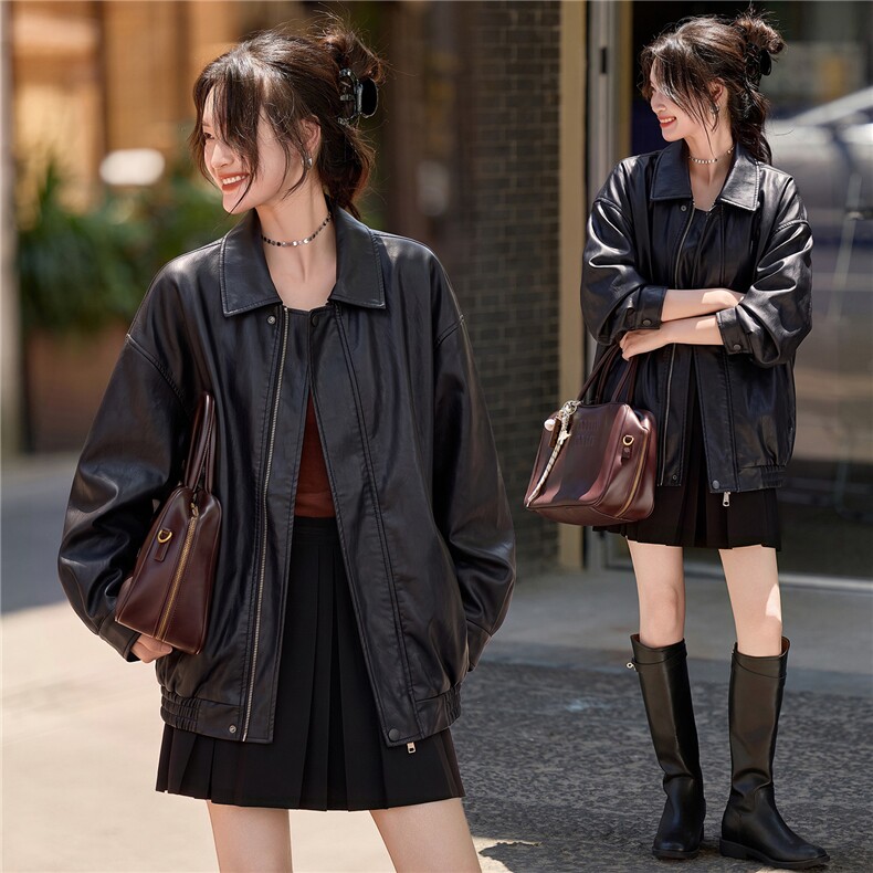 美式复古棕色PU皮衣外套女短款宽松小个子春秋新款小西服外套2652,女装皮衣,潮流依族