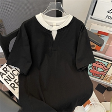 重磅假两件v领短袖t恤男夏季宽松设计感潮牌简约百搭半袖W067-P35，男装T恤，星座308B-1