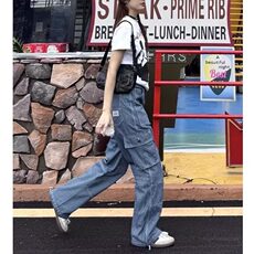 D7671-特P58美式条纹工装牛仔裤街头多口袋宽松阔腿裤-网图现货，男装牛仔裤，星座603-2