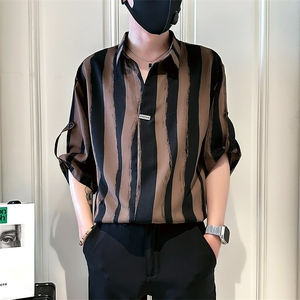 条纹衬衫男士短袖夏季冰丝男装痞帅V领七分中袖衬衣 CA6725图片