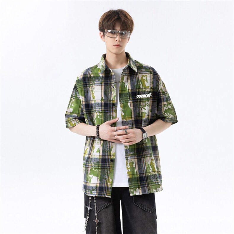 wassuphappy扎染格子长袖衬衫男款春秋季潮牌设计感痞帅休闲外套,男装衬衫,电商A007