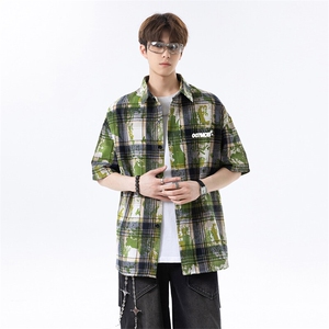 wassup happy扎染格子长袖衬衫男款春秋季潮牌设计感痞帅休闲外套图片
