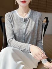 半开领假两件针织衫简约好看百搭套头上衣女，女装针织衫/毛衣，绒宛羊绒