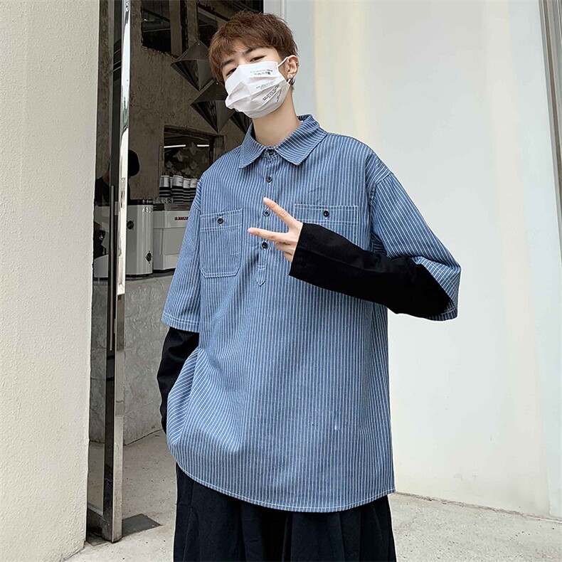 CC24秋装新条纹拼接假两件潮男女衬衫日系休闲翻领宽松ins衬衣潮,男装衬衫,星座115A(原星座507）