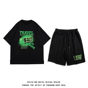 白底 23新款夏季时尚印花短袖垂感宽松潮流短裤套装TZ62P50控68图片