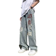 美式破洞牛仔裤男春秋潮牌痞帅vibe风高街宽松直筒裤子L50222-P40，男装牛仔裤，星座1008