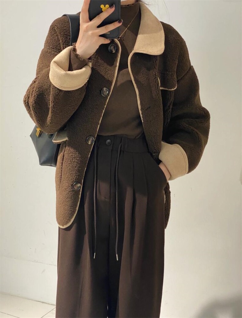 拼色羊羔毛外套，其它，驿谷