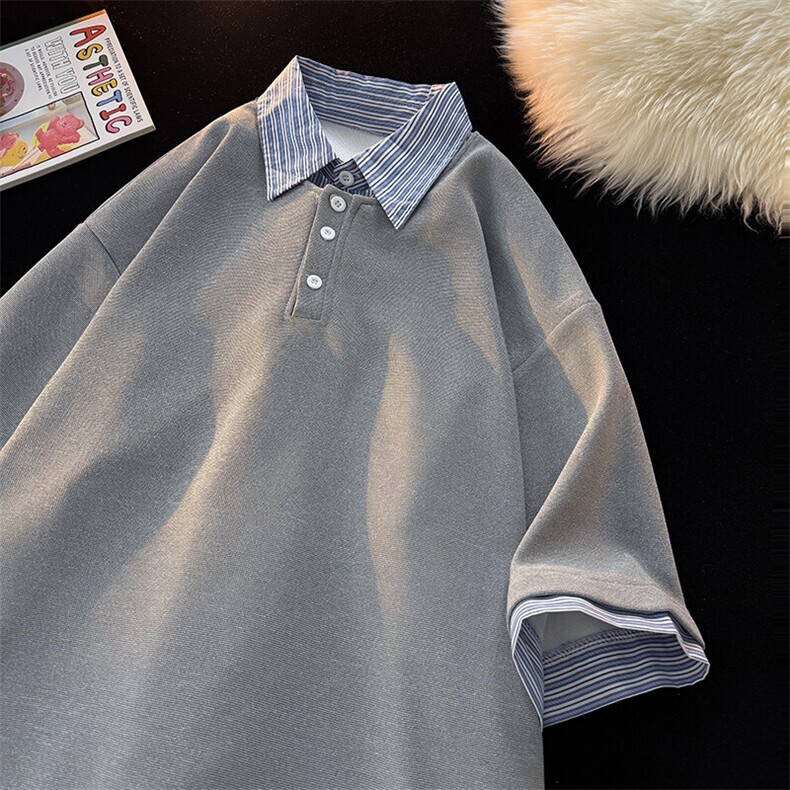 8XL-M假两件衬衫领短袖T恤大码夏季条纹拼接polo衫半袖DX1211/P45,男装Polo衫,电商B238