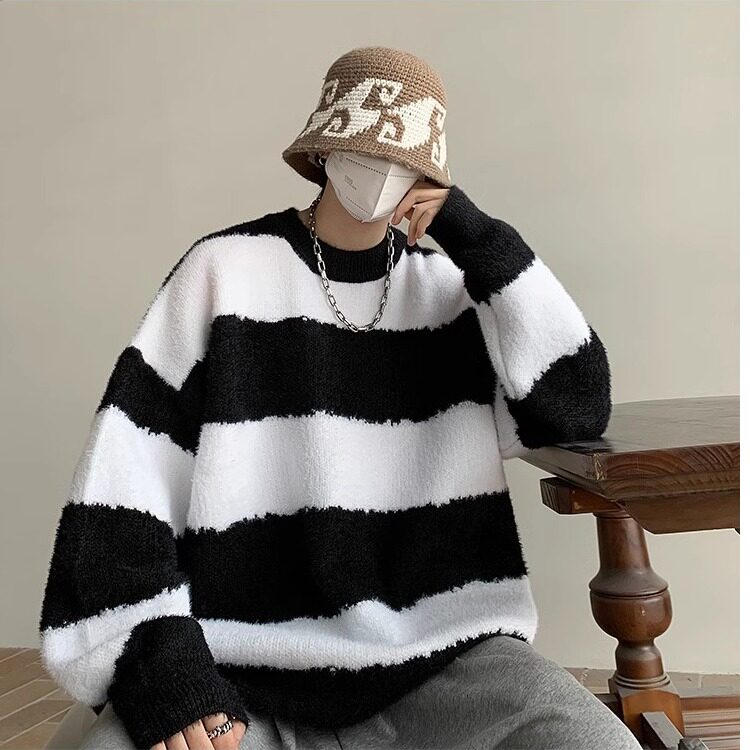 冬季休闲圆领宽条纹毛衣男士宽条纹套头毛衣撞色慵懒风针织衫男生，男装针织衫/毛衣，星座1210-1