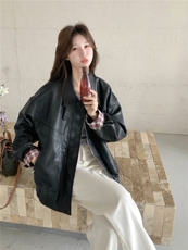美式复古机车女孩皮衣女2026新款春季翻领宽松高级格纹撞色外套，女装皮衣，艾米莉亚