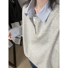 抖音得物高品质26春装美式高街假两件衬衫领长袖卫衣POLO领打底衫，男装T恤，电商A486