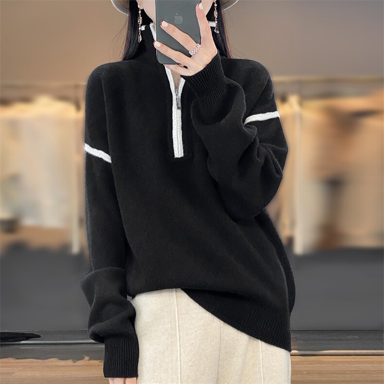 2025年秋季新款拉链款纯色针织上衣时尚休闲宽松，女装针织衫/毛衣，奢优羊绒