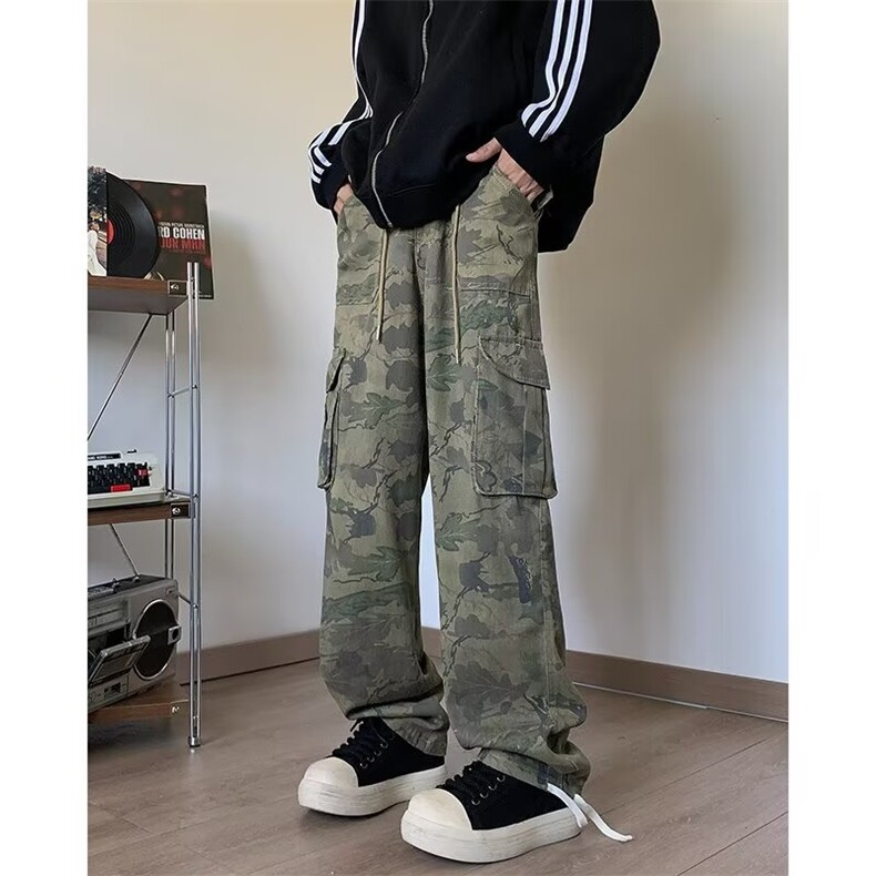 迷彩工装牛仔裤男春秋潮牌痞帅宽松直筒阔腿休闲长裤K7081,男装休闲裤,星座1116A-1（原606A）