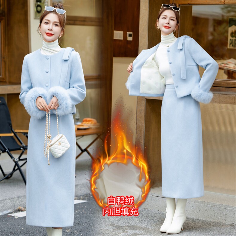 小香风羽绒服套装女冬季2025新款爆款气质名媛富家千金毛呢套装裙，女装套装/套裙，雅静靓衣