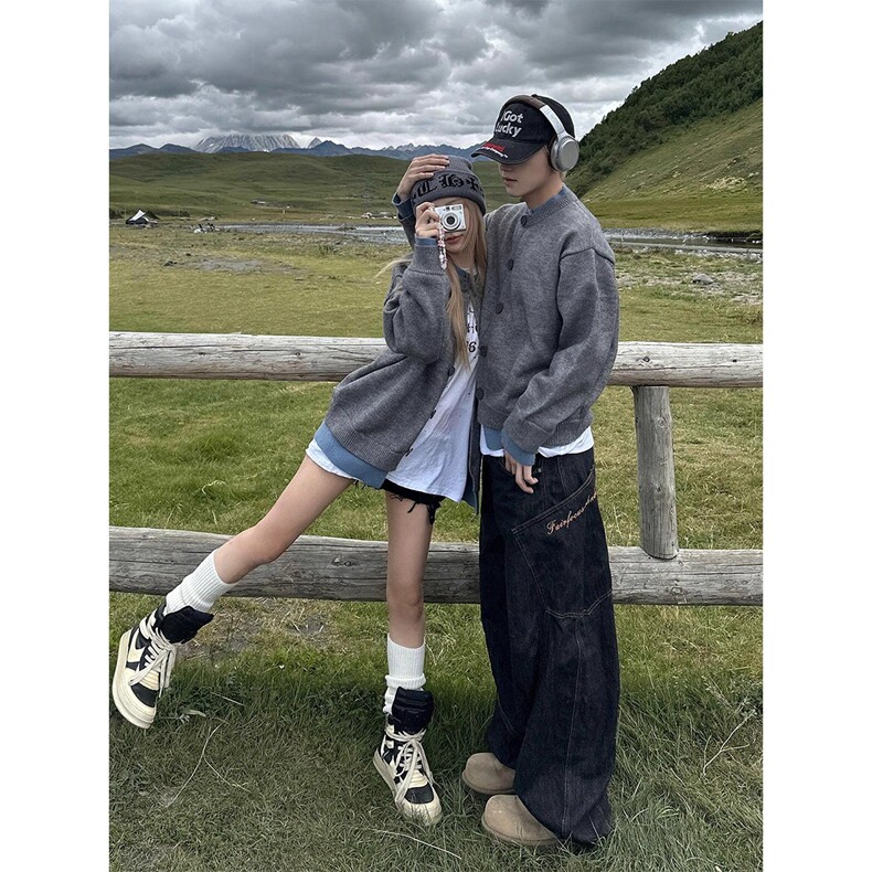 Cleanfit美式复古假两件开衫毛衣松弛感慵懒风情侣亨利领毛衣外套,男装针织衫/毛衣,星座218-8