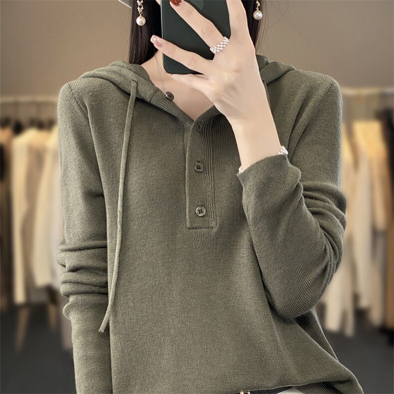 灰色连帽卫衣女春秋薄款带帽打底衫宽松慵懒帽衫短款上衣针织外套,针织衫/毛衣,雪真羊绒