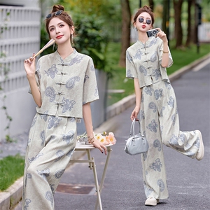 新中式套装女2025新款夏季显瘦复古印花盘扣衬衫阔腿裤两件套图片